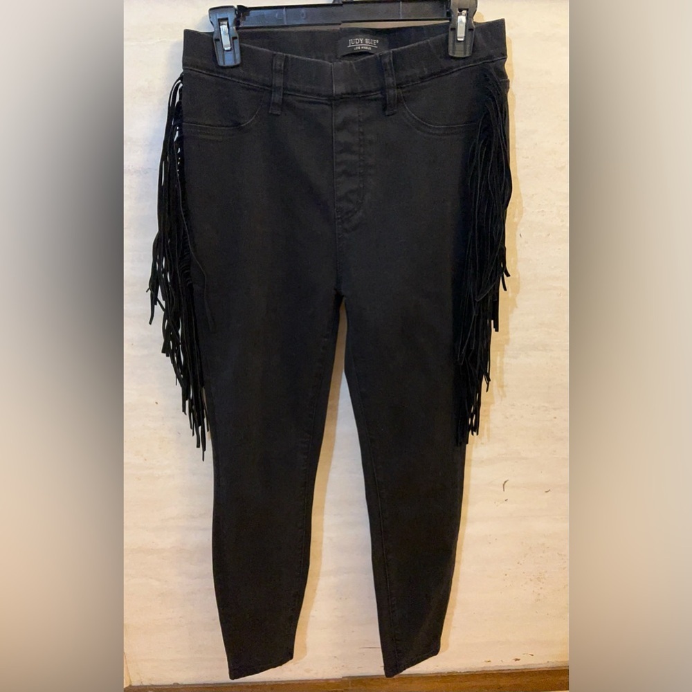 Judy Blue High Wasted Black Skinny Jeggings with Side Fringe